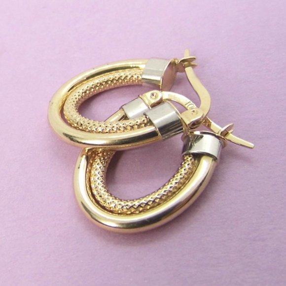 10KY Double Hoops Gold Oval Earrings - Picture 4 of 5